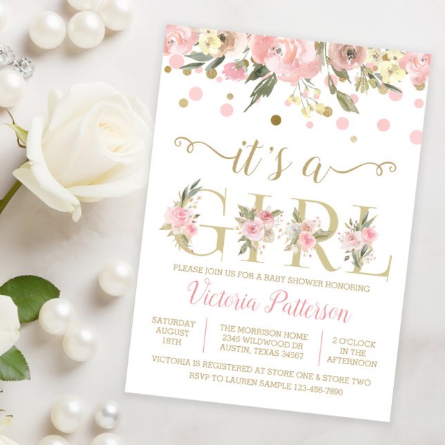 Convite É Uma Menina Churrasco de Flor de Aquarela (Sweet pink and gold watercolor floral It's a girl baby shower invitation and coordinating products.)