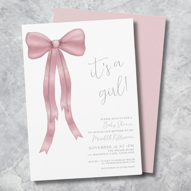 Convite É uma menina Chuveiro de bebê com laço rosa (It's A Girl Pink Bow Baby Shower Invitation)