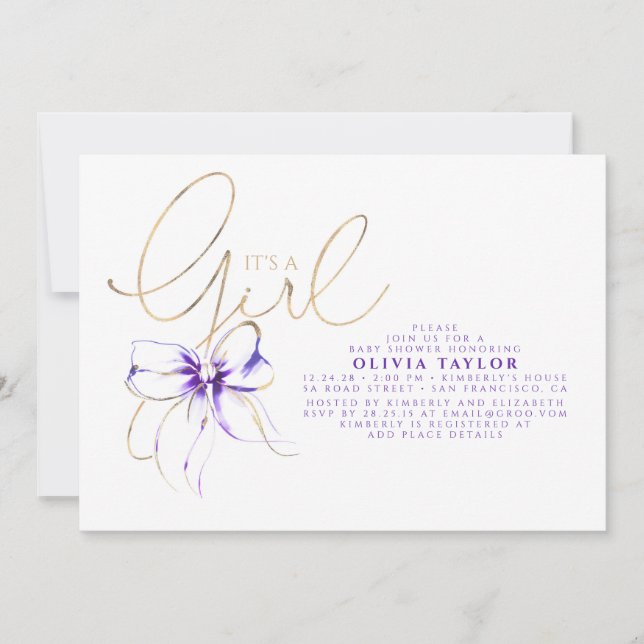 Convite É uma Menina Chuveiro de Bebê Elegante Roxo e Dour (Frente)
