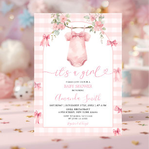 Convite É uma menina Chuveiro de bebê floral Laço Xadrez R