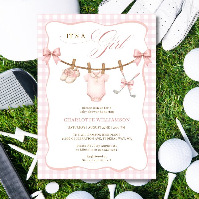 Convite É uma Menina Chuveiro de Bebê Roupas de Golfe Rosa (It's a Girl Pink Golf Clothesline Baby Shower Invitation)