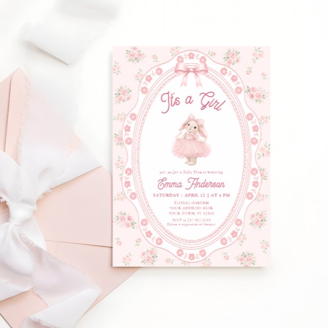 Convite É uma Menina Coelhinha Rosa Chuveiro de Bebê (Criador carregado)
