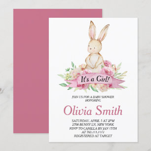 Convite É uma Menina Coelho Floral Aquarela Chás de Bebê