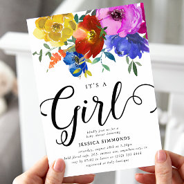 Convite É uma Menina Florais Brilhantes e Ousadas Chás de