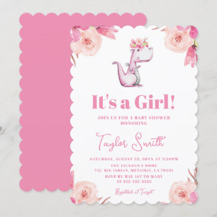 Convite É uma Menina Floral Rosa Dinossauro Fofo Chuvinha