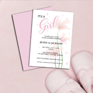 Convite É uma Menina Flores Rosa Suave 