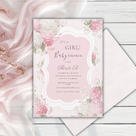 Convite É uma Menina Hidrangea Rosa Floral Elegante Bebê