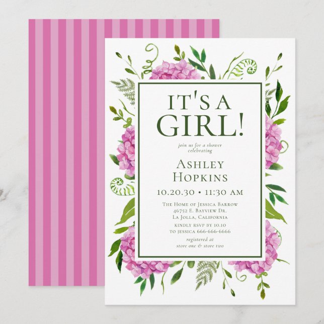 Convite É uma menina Hortênsias Rosa Chás de Bebê  (Frente/Verso)