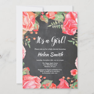 Convite É Uma Menina Quadro de Giz Floral Vermelho para Ch