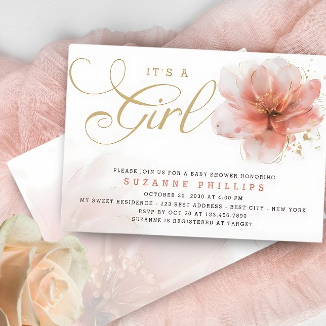 Convite É uma Menina Rosa Dourado Floral Chuvinha de Bebê  (Criador carregado)