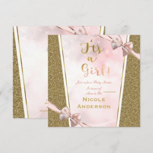 Convite É uma Menina Rosa Dourado Pele Étnica Menina Chás 
