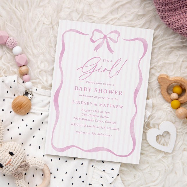 Convite É uma Menina Rosa Festa de Bebê com Laço (pink baby shower invitation for girls with watercolor ribbon and bow)