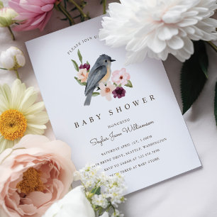 Convite É uma menina Rosa Florais de Aquarela & Passarinho