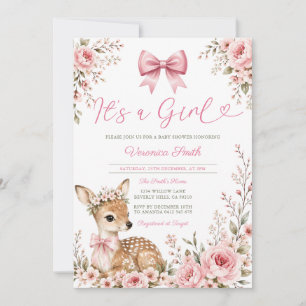 Convite É uma Menina Rosa Floral Veado Floresta Chá de Beb