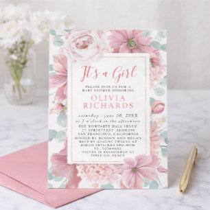 Convite É Uma Menina Rosa Poeirento Floral Chave de Bebê F