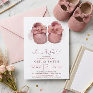 Convite É uma menina Sapatos de Bebê Fofo Aquarela Chuvinh