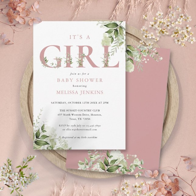 Convite É uma menina. Verdura Rosa Poento Carta Chuvada de (Its A Girl Greenery Dusty Rose Letter Baby Shower Invitation)