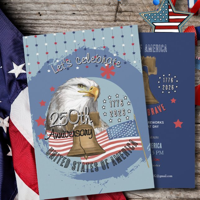 Convite Eagle & Liberty Bell US 250th Anniversary Blue (Vintage Eagle & Liberty Bell USA 250th Anniversary Invitation)