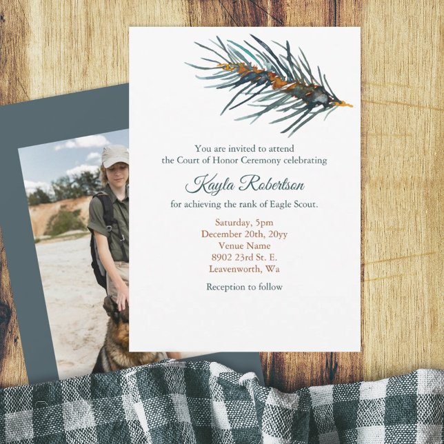 Convite Eagle Scout, Court of Honor, Pine Needles (rustic BSA Eagle Scout Court of Honor Invitation with pine needles painting)