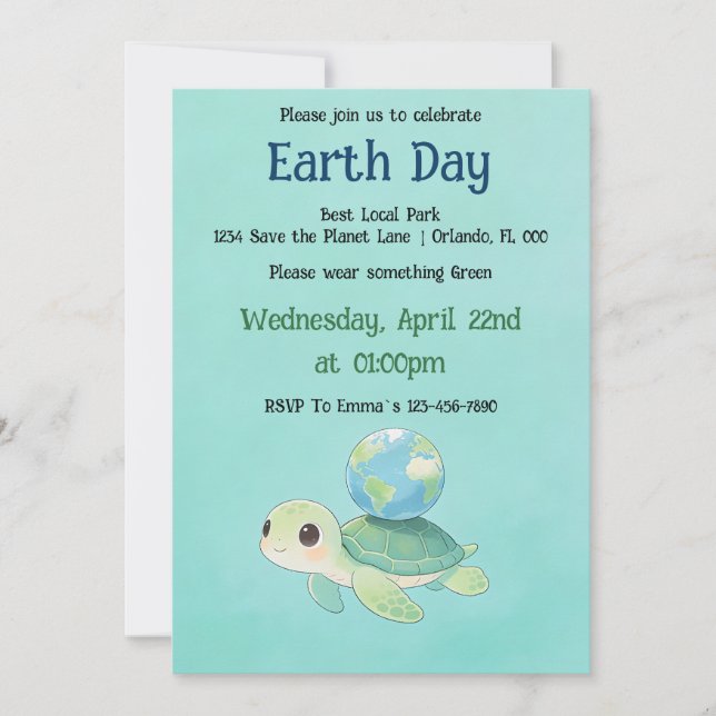 Convite Earth Day Turtle with Globe (Frente)