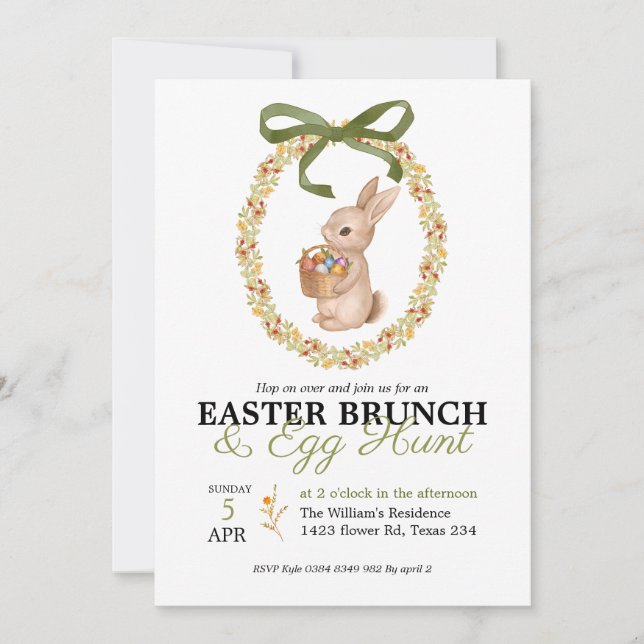 Convite Easter Brunch and Egg Hunt Bunny Floral Invitation (Frente)