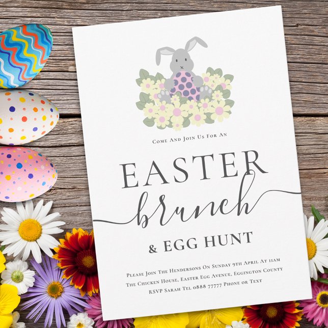 Convite Easter Brunch and Egg Hunt Cute Bunny Invitation (Cute easter bunny egg hunt and brunch spring party invitation )