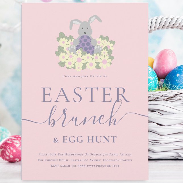 Convite Easter Brunch and Egg Hunt Cute Bunny Pink (Cute easter bunny egg hunt and brunch spring party pink invitation whimsical elegant modern script)