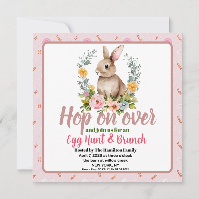 Convite Easter Brunch & Egg Hunt Floral Watercolor Bunny  (Frente)