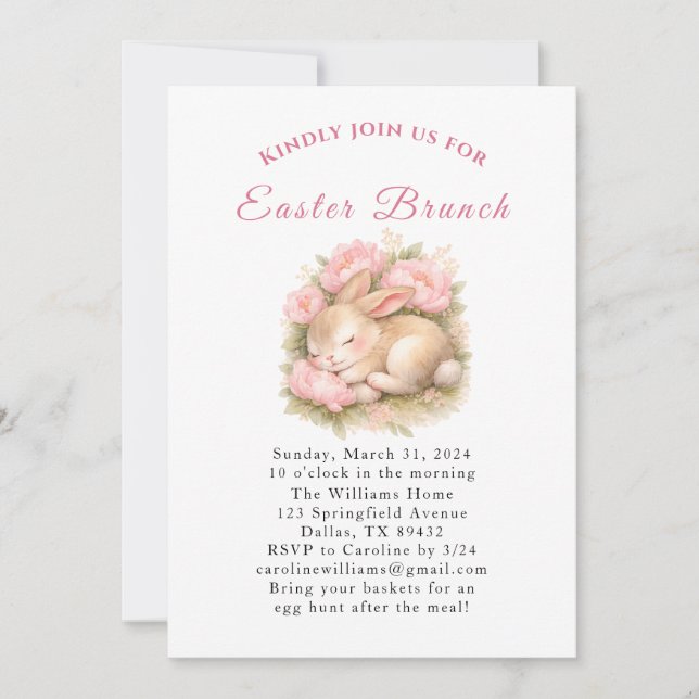 Convite Easter Brunch Watercolor Bunny Rabbit Eggs Floral (Frente)