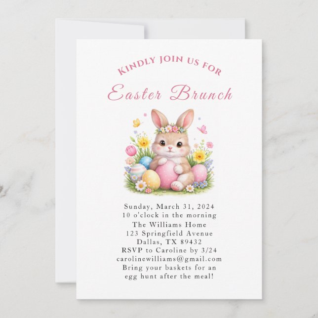 Convite Easter Brunch Watercolor Bunny Rabbit Eggs Floral (Frente)