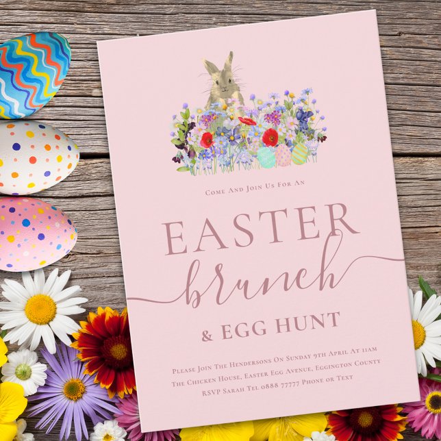 Convite Easter Bunny and Wildflowers Egg Hunt and Brunch (Easter brunch and egg hunt cute bunny watercolor wildflower spring party pink invitation )