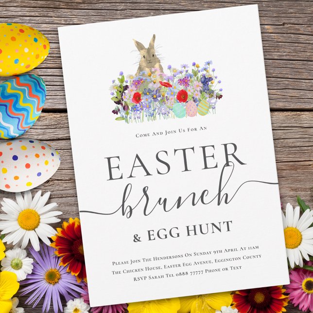 Convite Easter Bunny and Wildflowers Egg Hunt and Brunch (Easter brunch and egg hunt cute bunny watercolor wildflower meadow spring party invitation )