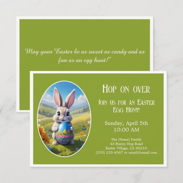 Convite Easter bunny | Egg Hunt  | Hop on over | green -  (Frente/Verso)