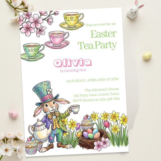 Convite Easter Bunny Tea Party Any Age Kids Birthday  (Kids Easter Garden Tea Party and Egg Hunt Invitation)