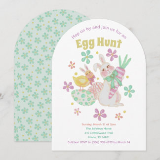 Convite Easter Egg Hunt Chick Bunny Flowers Cute Spring 