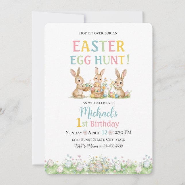 Convite Easter Egg Hunt Michael's 1st Birthday Invitation (Frente)
