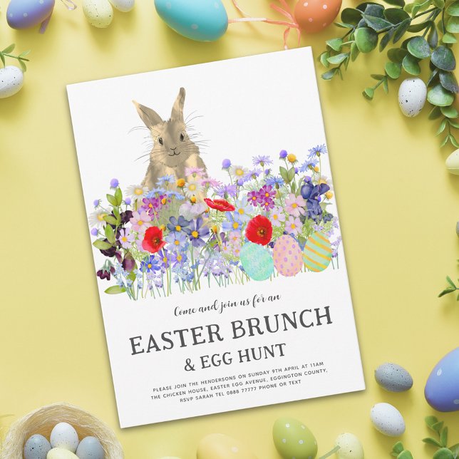 Convite Easter Egg Hunt Spring Brunch Cute Bunny Floral (Easter egg hunt spring brunch watercolor wildflower meadow cute bunny and eggs invitation)