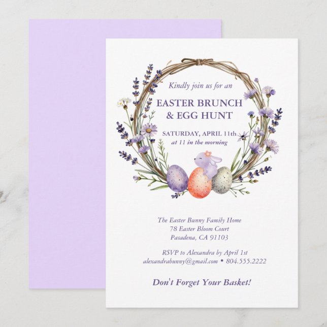 Convite Easter Egg Hunt Watercolor Lavender Cute Bunny (Frente/Verso)