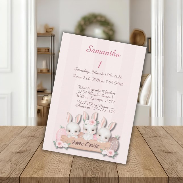 Convite Easter First Birthday Invite - Kawaii Bunnies  (Criador carregado)