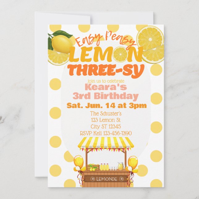 Convite Easy Peasy Lemon Three-sy, Lemon 3rd Birthday (Frente)