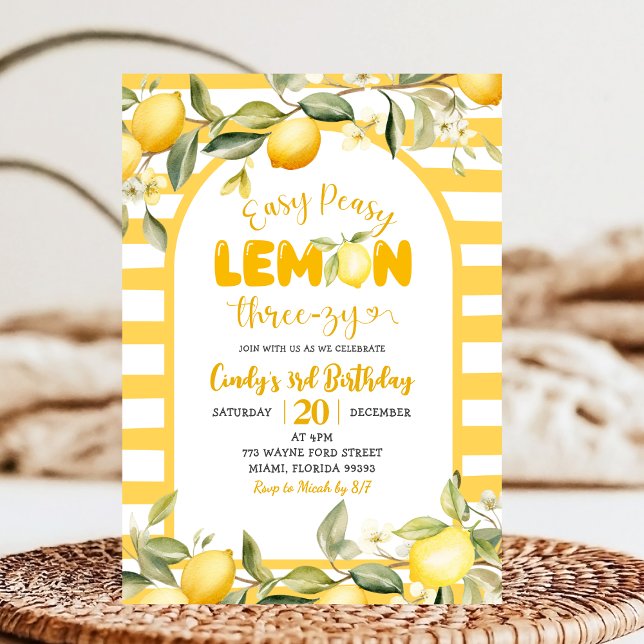 Convite Easy Peezy Lemon ThreeZy Lemon 3rd Birthday  (Criador carregado)
