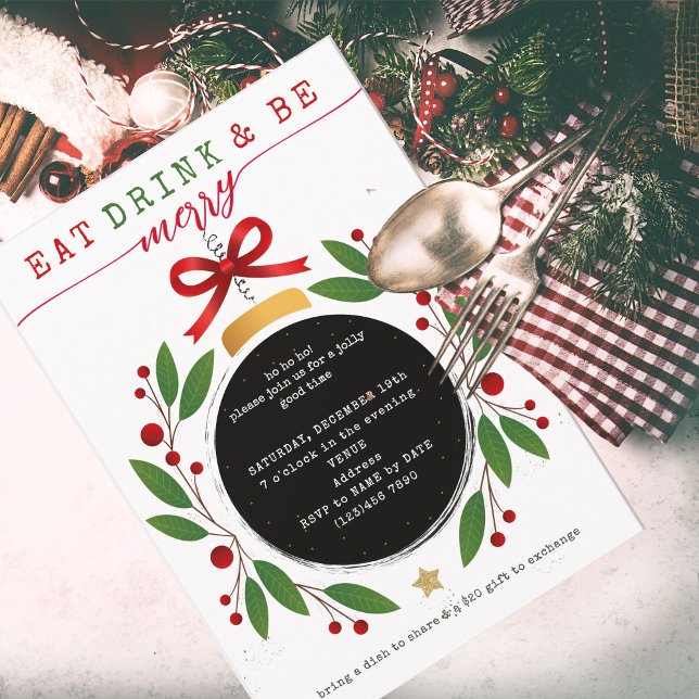 Convite Eat Drink and Be Merry Christmas Party Potluck (Modern Eat Drink and Be Merry Christmas Bauble Potluck Invitation Church Family Office Xmas Parties)