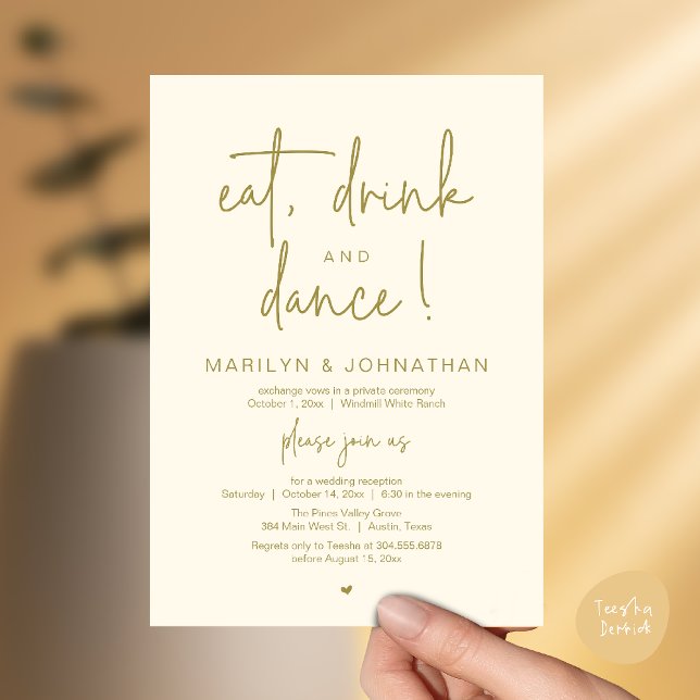 Convite Eat, Drink and Dance, Modern Wedding Reception (Eat, Drink and Dance, Modern Wedding Reception Dinner Party Invitation Card in yellow gold)