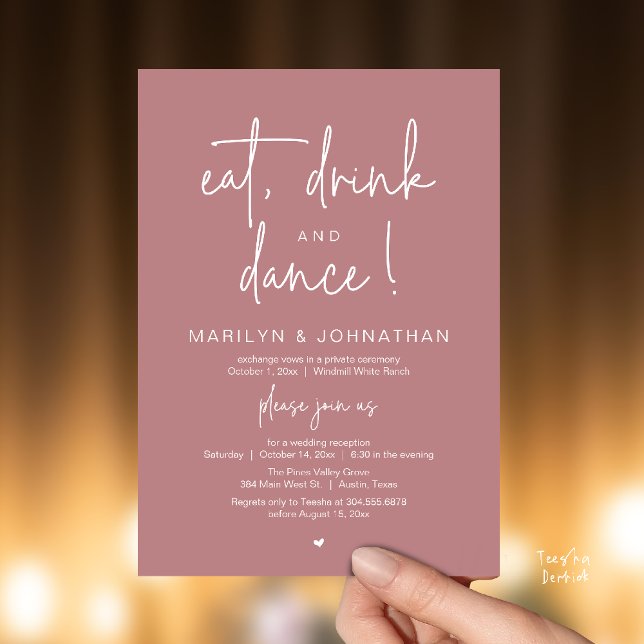 Convite Eat, Drink and Dance, Modern Wedding Reception (Eat, Drink and Dance, Modern Wedding Reception Dinner Party Invitation Card in dusty rose pink)