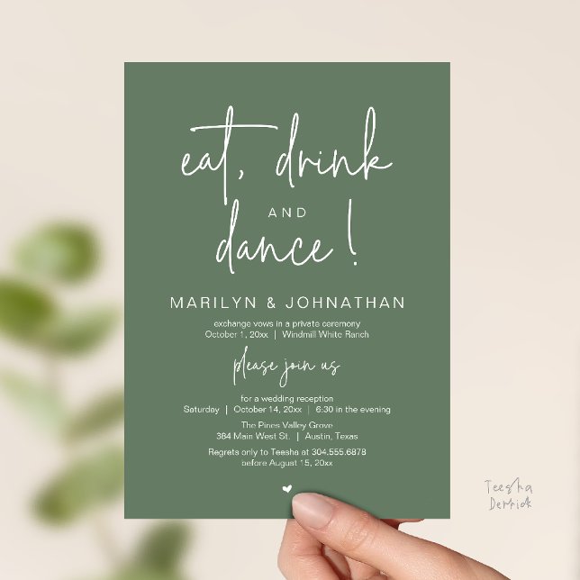 Convite Eat, Drink and Dance, Modern Wedding Reception (Eat, Drink and Dance, Modern Wedding Reception Dinner Party Invitation Card in sage green)