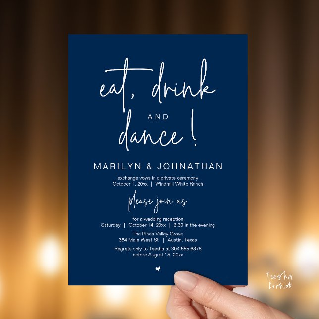 Convite Eat, Drink and Dance, Modern Wedding Reception (Eat, Drink and Dance, Modern Wedding Reception Dinner Party Invitation Card in navy blue)
