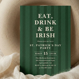 Convite Eat Drink Be Irish St Patricks Party Stripes