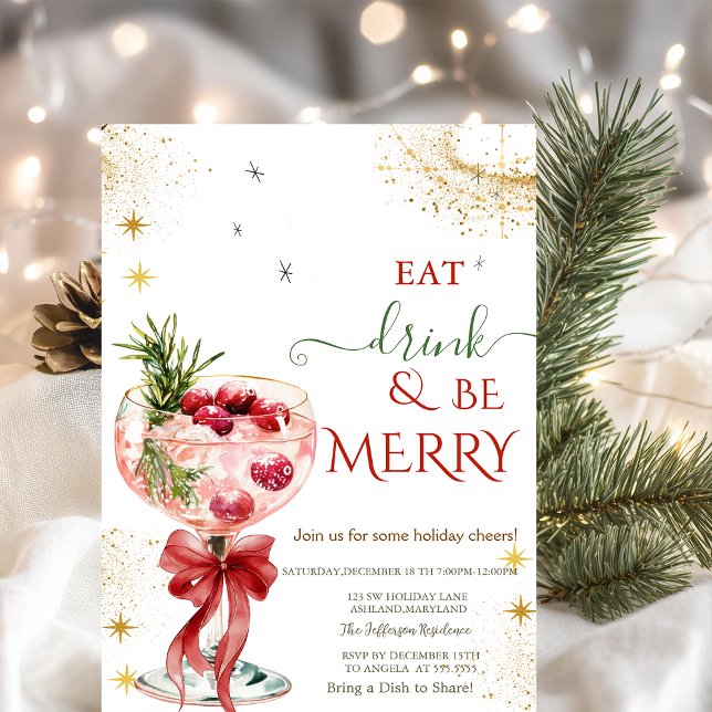 Convite Eat Drink & Be Merry Cocktail Red Bow Invitation (Criador carregado)
