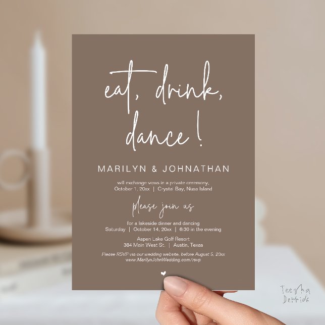 Convite Eat, Drink, Dance, Wedding Elopement Dinner Party  (Eat, Drink, Dance, Wedding Elopement Dinner Party Invitation Card in Warm Taupe Brown)