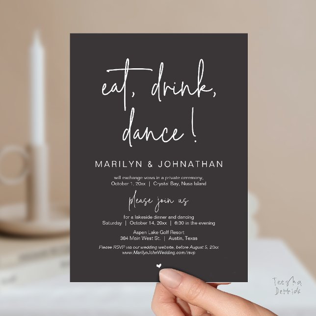 Convite Eat, Drink, Dance, Wedding Elopement Dinner Party  (Eat, Drink, Dance, Wedding Elopement Dinner Party Invitation Card in Charcoal Grey)